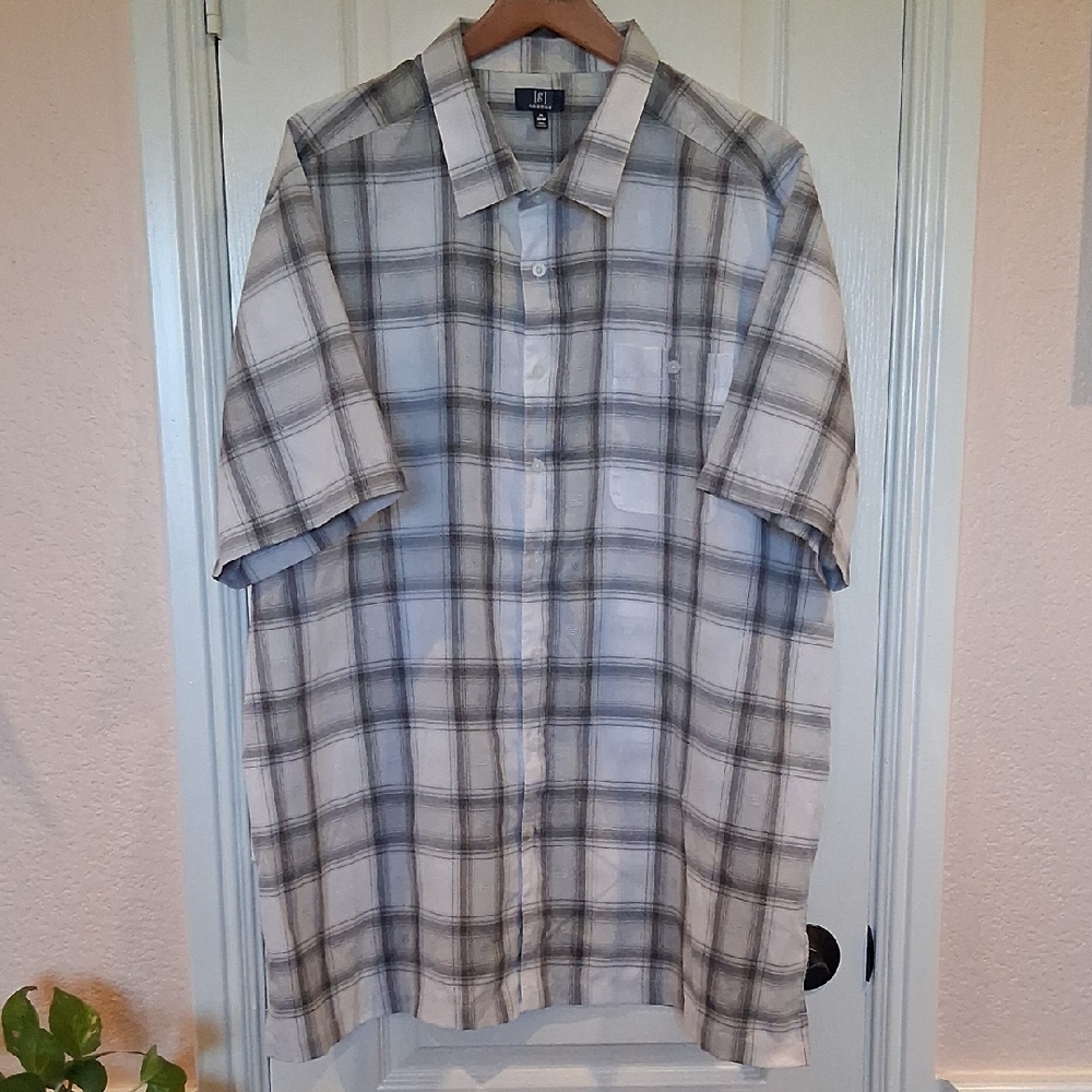 George, Size 3XL, Plaid Casual Button Down Shirt, Silver Polyester